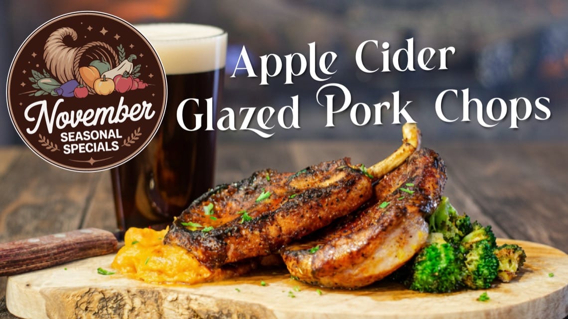 Apple cider glazed pork chops served with sweet potato purée and roasted broccoli at Colorado Mountain Brewery in Colorado Springs.