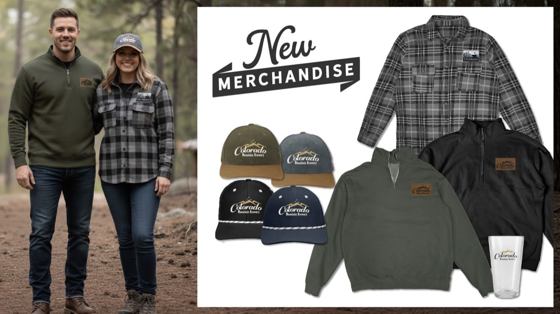 Colorado Mountain Brewery new merchandise including hats, flannels, pullovers, and branded apparel available in-store and online in Colorado Springs.