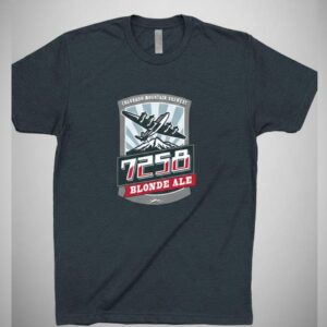 A charcoal navy t-shirt featuring the Colorado Mountain Brewery 7258 Blonde Ale logo, which includes a vintage aircraft flying over a mountain peak.