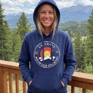 Navy blue Colorado Mountain Brewery hoodie featuring a circular mountain logo and the Colorado state flag "C". Back of shirt says "Drink Colorado one pint at a Time"