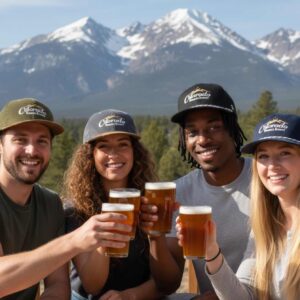 Four people wearing various Colorado Mountain Brewery branded hats, including trucker hats and baseball caps in olive green, navy blue, and black, while holding craft beers in front of snowy mountains.