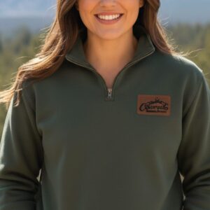 sage quarter-zip pullover sweatshirt featuring a leather patch logo for Colorado Mountain Brewery on the left chest.