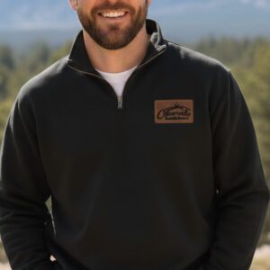 black hafl-zip pullover sweatshirt featuring a leather patch logo for Colorado Mountain Brewery on the left chest.
