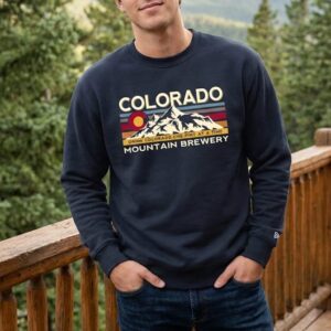 Navy blue Colorado Mountain Brewery crewneck sweatshirt with retro mountain sunset graphic and Drink Colorado One Pint at a Time slogan