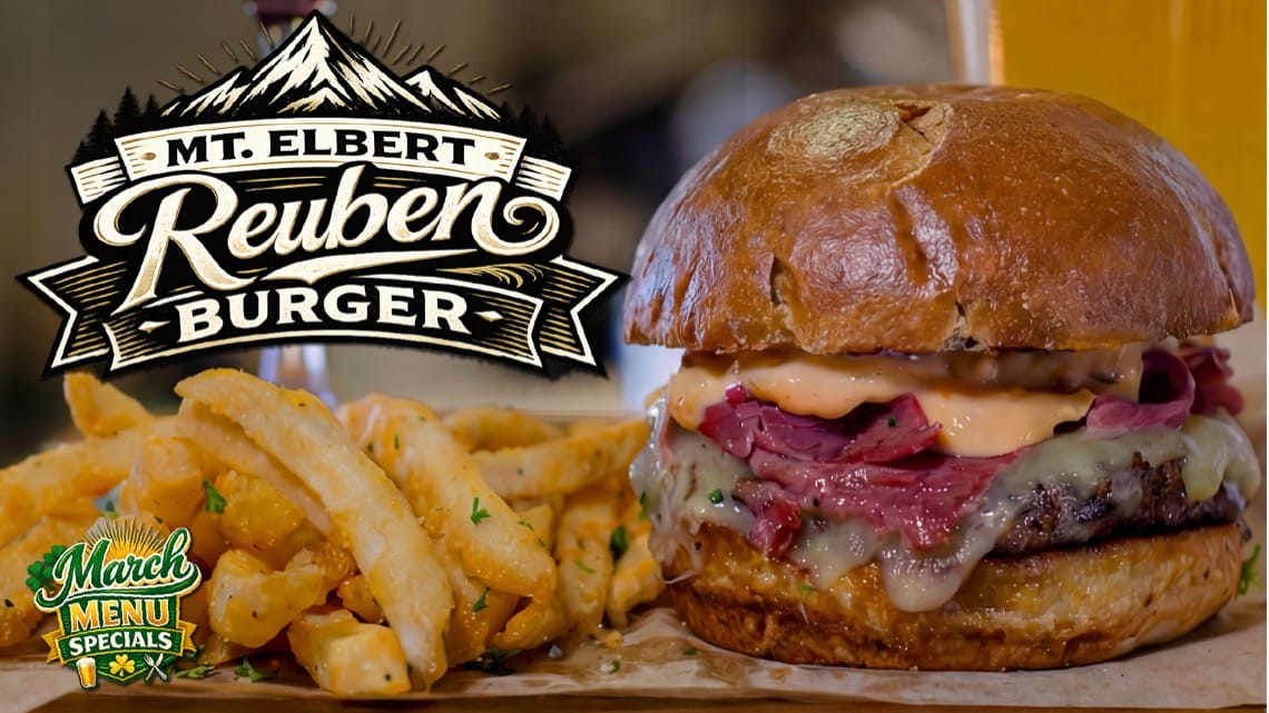 Colorado Mountain Brewery's Mt. Elbert Reuben Burger & fries, a March special in Colorado Springs, CO.