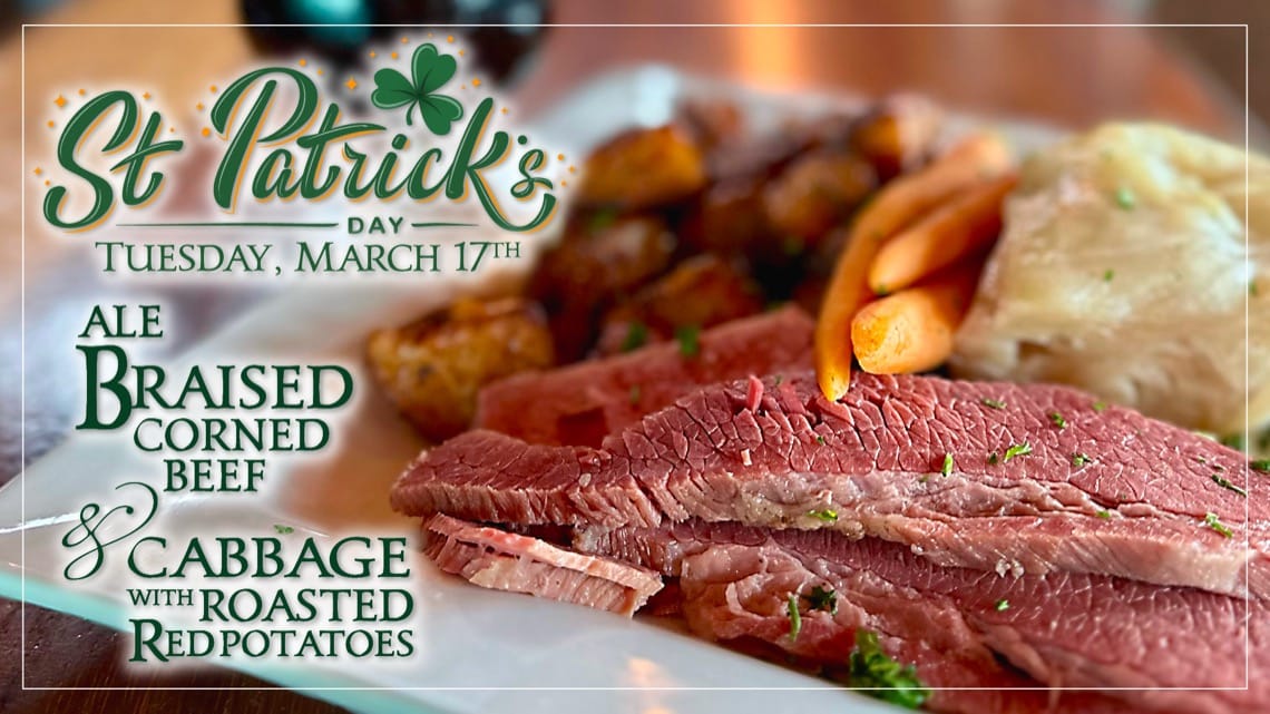 St. Patrick's Day Ale Braised Corned Beef & Cabbage with Roasted Red Potatoes at Colorado Mountain Brewery, Colorado Springs.