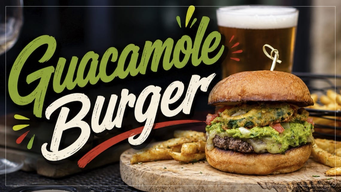 Guacamole Burger with fries and a craft beer at Colorado Mountain Brewery in Colorado Springs, CO.
