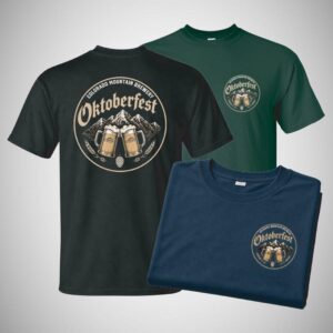 Oktoberfest 2026 t-shirts in black, navy, and forest green