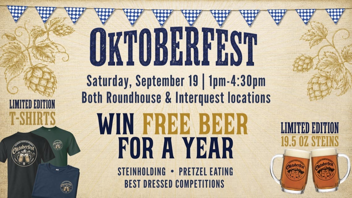 Colorado Mountain Brewery Oktoberfest on Saturday, September 19, 1pm-4:30pm at Roundhouse and Interquest. Win free beer for a year. Steinholding, pretzel eating, and best dressed competitions. Limited edition t-shirts and 19.5 oz steins.