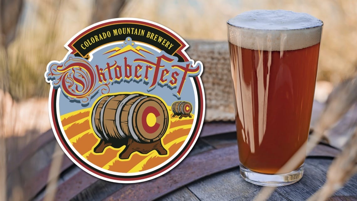 Colorado Mountain Brewery Oktoberfest logo with barrels and the Colorado flag C, next to a pint of amber beer on a wooden barrel.