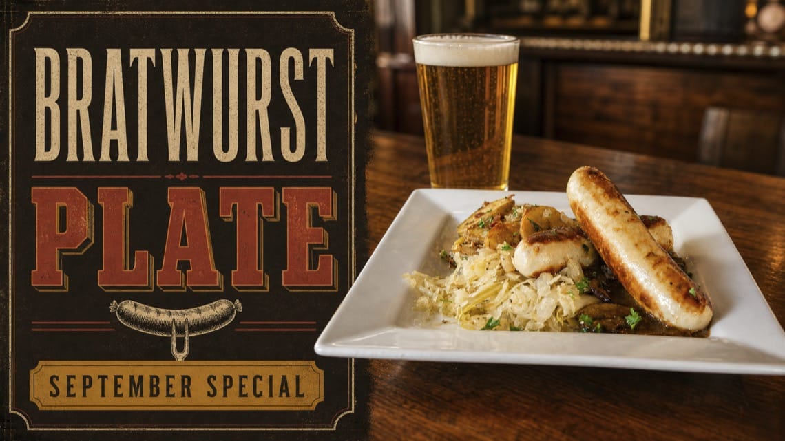 Colorado Mountain Brewery Bratwurst Plate September special with sauerkraut, roasted potatoes, and beer