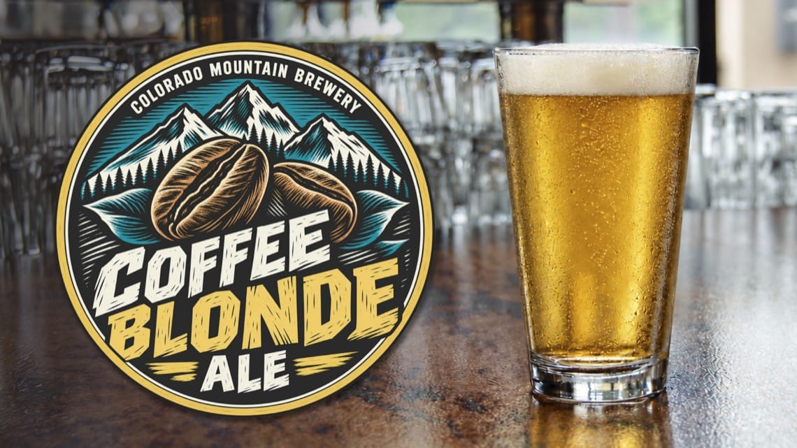 Colorado Mountain Brewery Coffee Blonde Ale limited-time seasonal pint with mountain and coffee bean logo