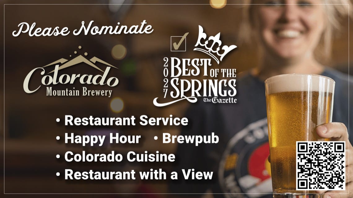 Colorado Mountain Brewery graphic asking guests to nominate us in The Gazette 2027 Best of the Springs for Restaurant Service, Happy Hour, Brewpub, Colorado Cuisine, and Restaurant with a View, with a server holding a pint and a QR code